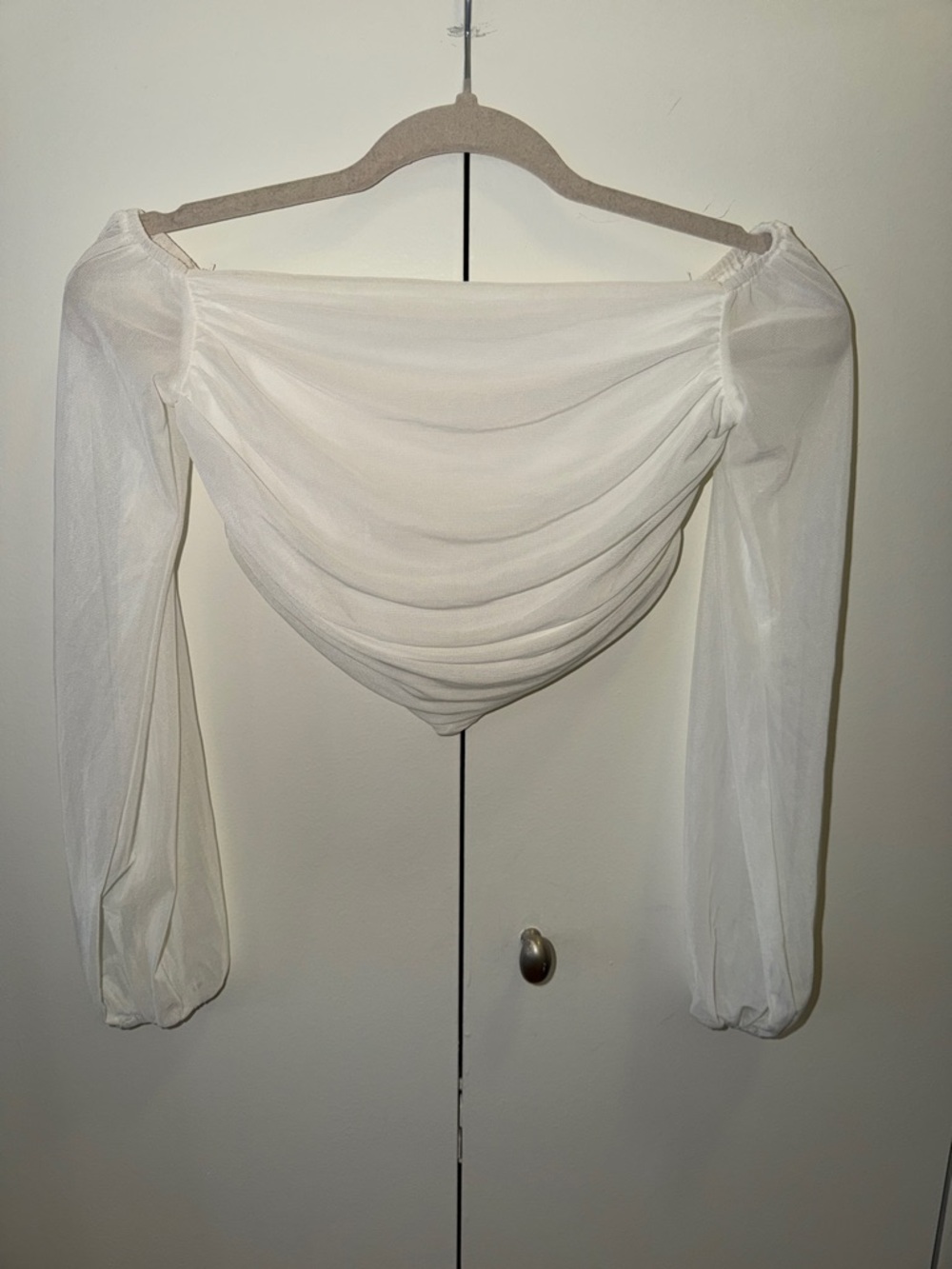 White Off-Shoulder Draped Long-Sleeve Top